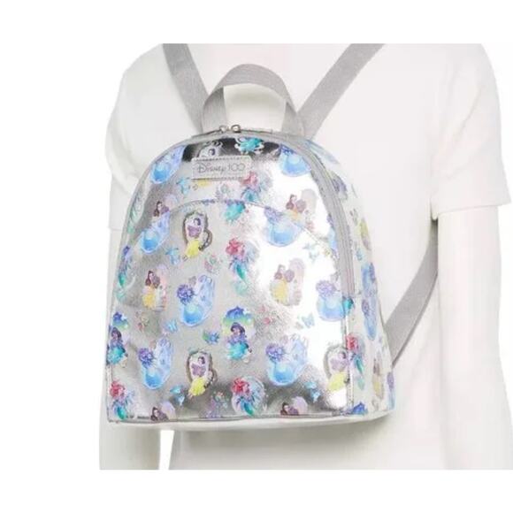 NWOT Disney Princesses 100th Silver Metallic Multi All Over Print Mini Backpack - Picture 1 of 7